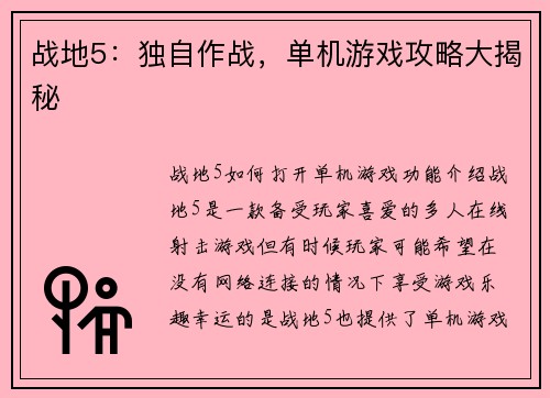 战地5：独自作战，单机游戏攻略大揭秘