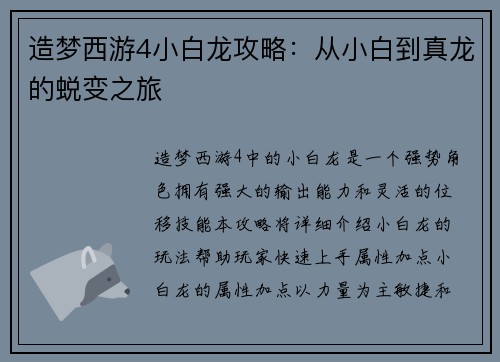 造梦西游4小白龙攻略：从小白到真龙的蜕变之旅